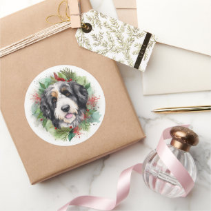 Adesivo Grinalda de Natal Bernedoodle Cachorro Festivo