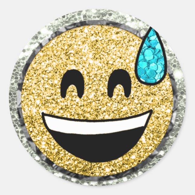 Adesivo *~* Grinning Face Suor Emoji AP40 Dourada Glitter (Frente)