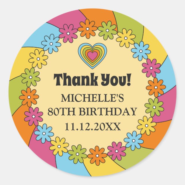 Adesivo Groovy 1960s Retro Colorful Flowers Hearts Waves  (Frente)