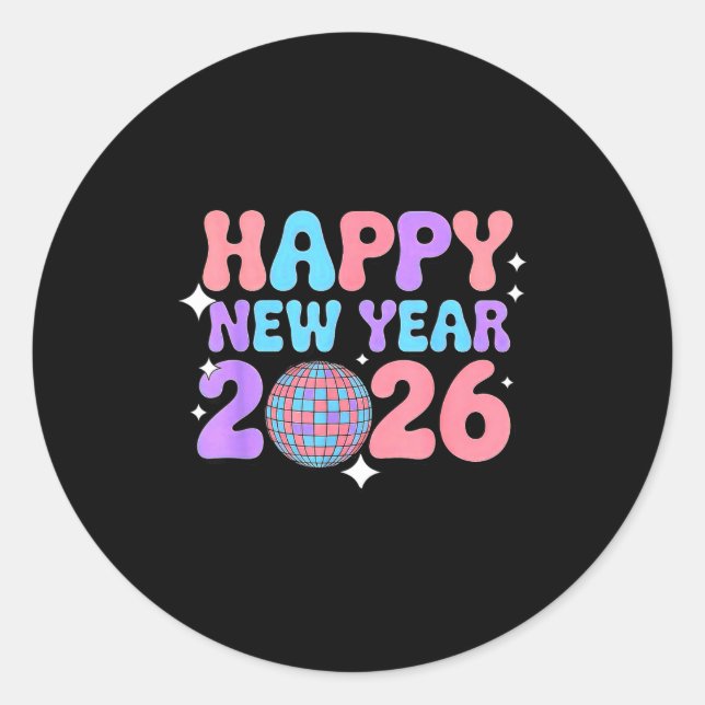Adesivo Groovy Cute Happy New Year 2026 Disco Ball  (Frente)