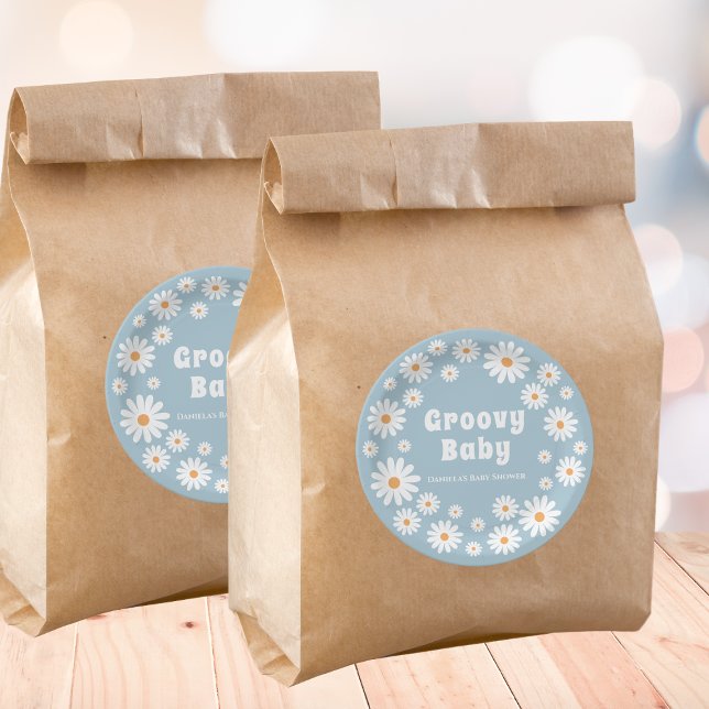 Adesivo Groovy Daisy Blue Retro Baby Boy Chá (groovy baby boy shower stickers flower power daisies blue retro)