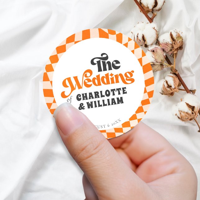 Adesivo Groovy Orange Checkered Modern Retro Casamento (Criador carregado)