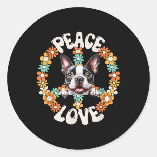 Adesivo Groovy Peace Love Boston Terrier, 60 anos 70