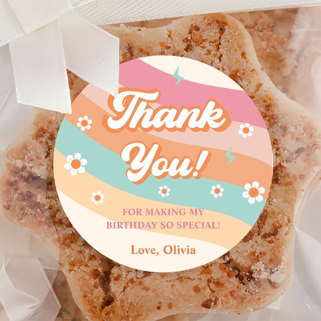 Adesivo Groovy Retro Rainbow Obrigado Festa de aniversário (Criador carregado)