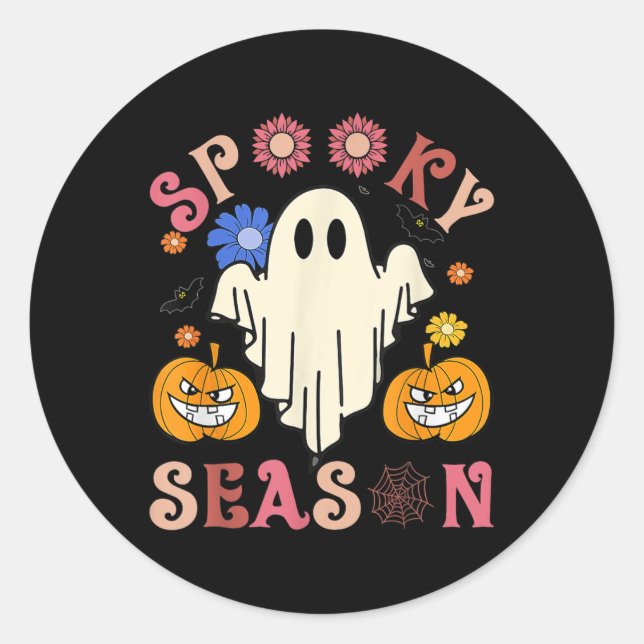 Adesivo Groovy Spooky Season Cute Ghost Segurando Pumpkin  (Frente)