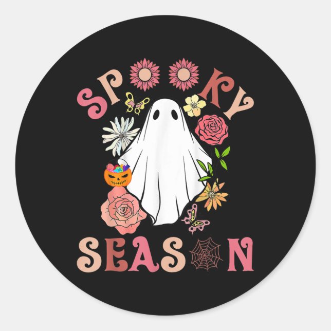 Adesivo Groovy Spooky Season Cute Ghost Segurando Pumpkin  (Frente)