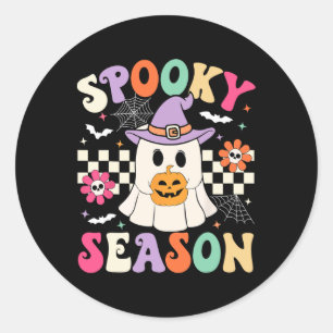 Adesivo Groovy Spooky Season Retro Ghost Segurando Pumpkin