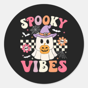 Adesivo Groovy Spooky Vibes Retro Ghost Segurando Pumpkin