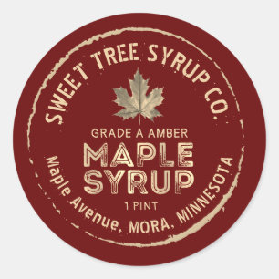 Adesivo Grunge Text Dourado Leaf Maple Syrup Label em Verm