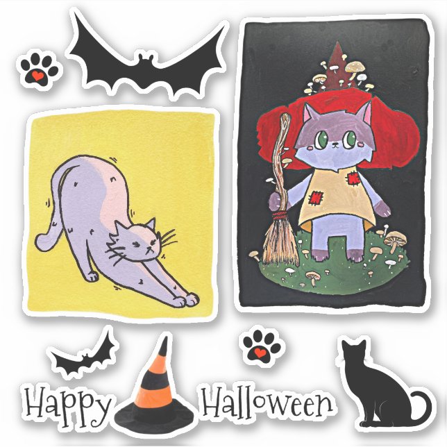 Adesivo Grupo de Halloween de Gatos de Cartoon Bonitos (Frente)