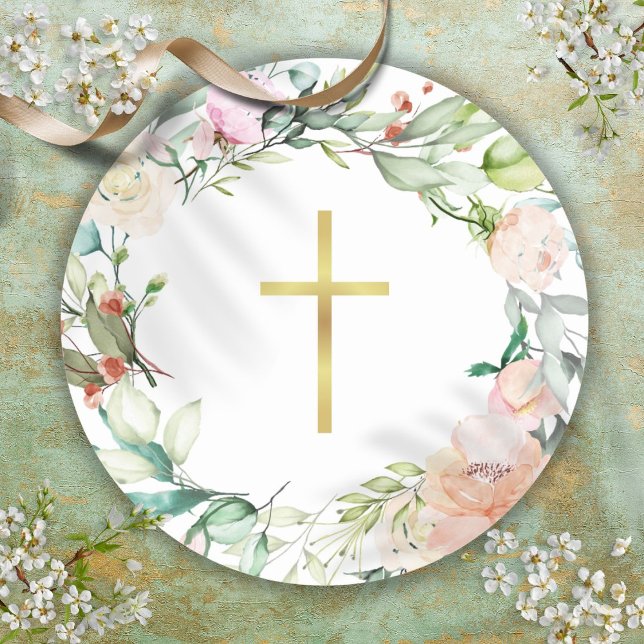 Adesivo Guirlanda de Rosa Florestal com Cruz de Ouro Simpl (Simple Gold Cross Woodland Rose Garland Classic Round Sticker)