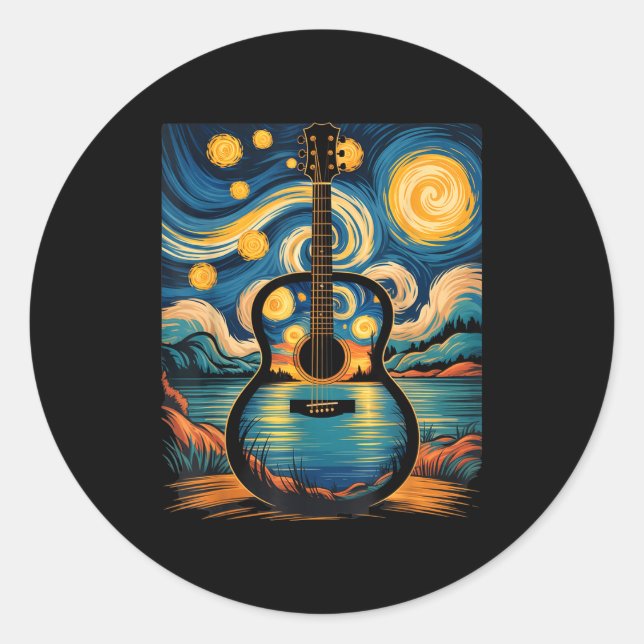 Adesivo Guitar Lake Starry Night Music Guitarist Van Gogh  (Frente)
