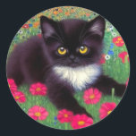 Adesivo Gustav Klimt Tuxedo Cat<br><div class="desc">Vinhetas com um gato de smoking Gustav Klimt! Este adorável gatinho preto e branco se senta num campo de flores vermelhas,  azuis,  brancas e laranja. Um presente incrível para amantes de gatos e entusiastas de arte austríacos!</div>