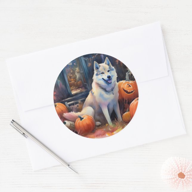 Adesivo Halloween Alaskan Malamute Com Pumpkins Assustado (Envelope)