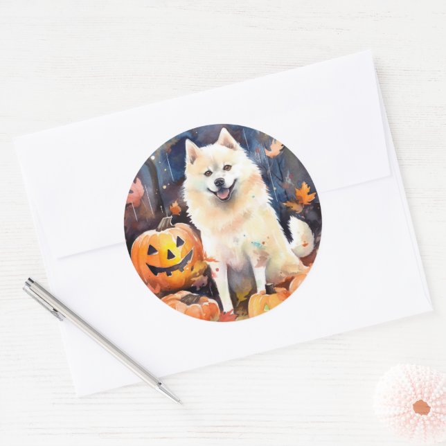 Adesivo Halloween American Akita Com Pumpkins Assustado (Envelope)