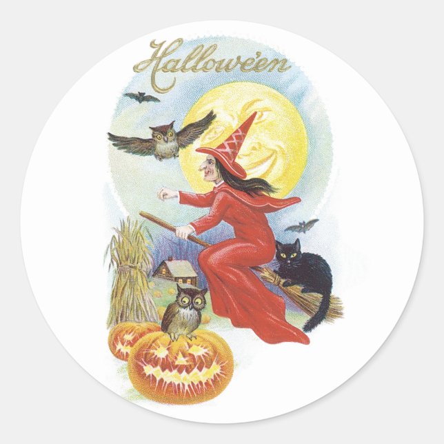 Adesivo Halloween Antigo, Bruxa Voadora com um Gato Preto (Frente)