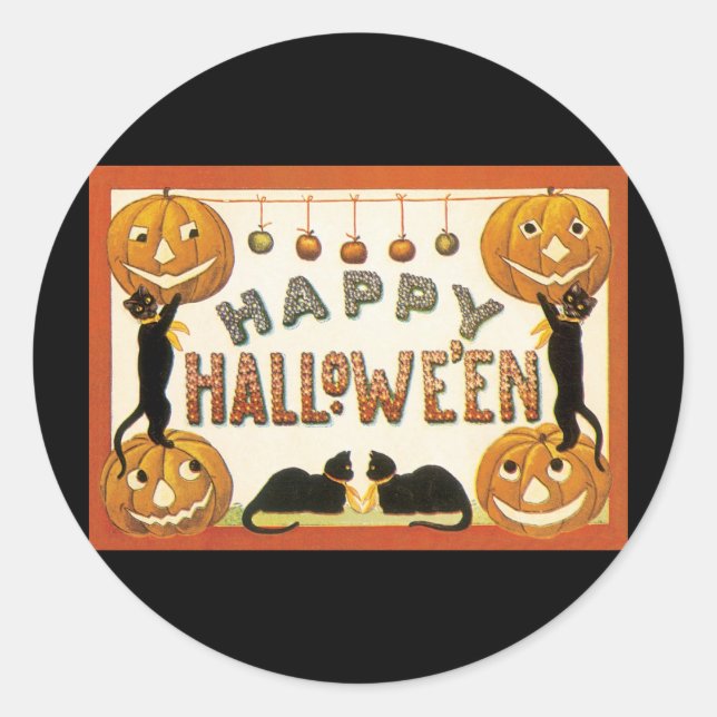 Adesivo Halloween Antigo, Gatos Pretos com Jackolanterns (Frente)