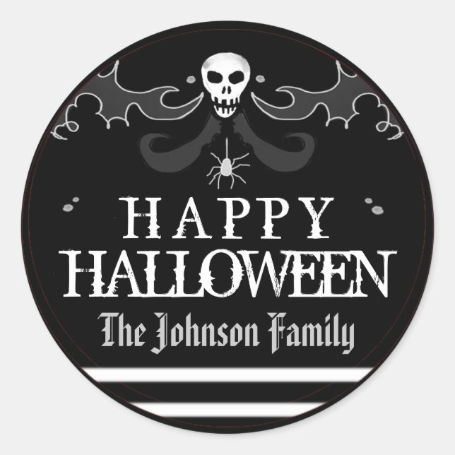 Adesivo Halloween Black White Skull Label Feliz Dia das Br (Frente)