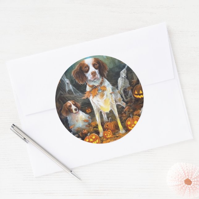 Adesivo Halloween Brittany Spaniel Com Pumpkins Assustado (Envelope)