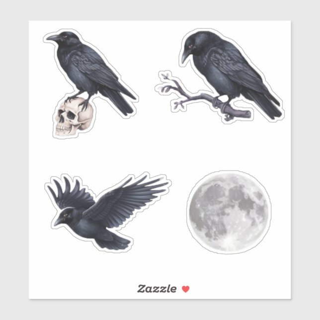 Adesivo Halloween Corvo preto da moda, caveira e lua (Folha)
