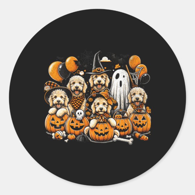 Adesivo Halloween de Goldendoodle Fofinha de Fantasma e Br (Frente)