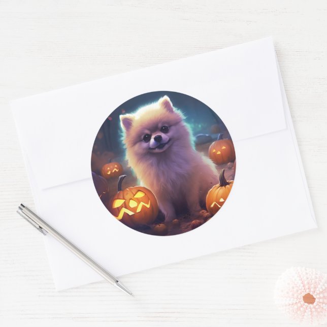 Adesivo Halloween Pomeranian Com Pumpkins Assustado (Envelope)