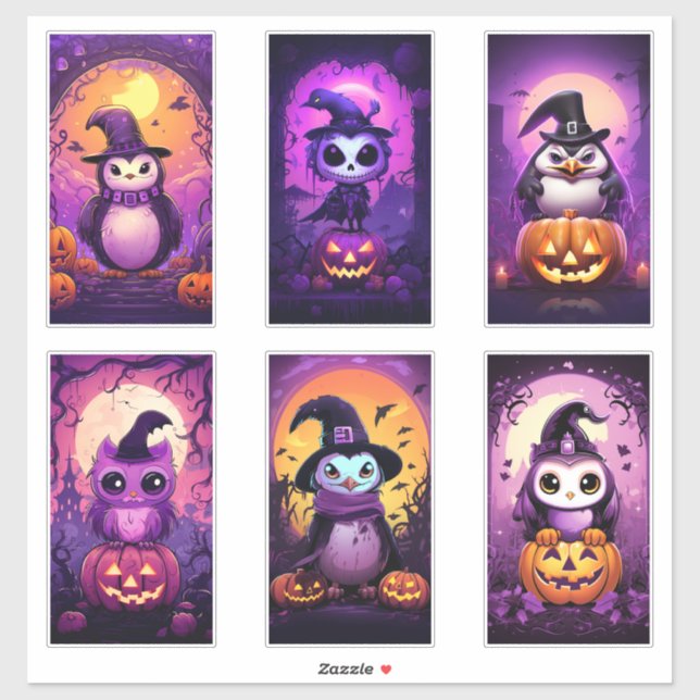 Adesivo Halloween Purple Emo Penguin com amigos (Folha)