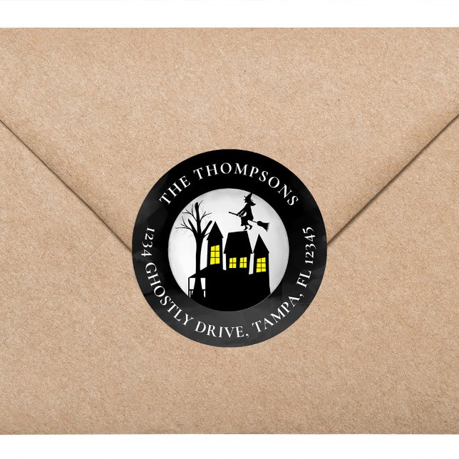 Adesivo Halloween Spooky Hunted House Return Endereço (Halloween witchy return address label with witch and broomstick)