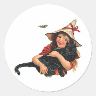 Adesivo Halloween Vintage, Bruxa Menina com Gato Preto