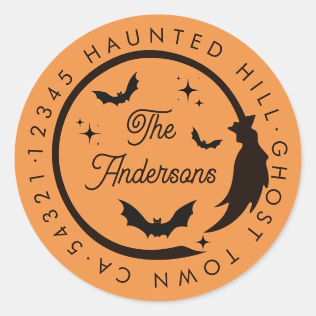 Adesivo Halloween Witch Broom Bats Spooky Endereço de Reto (Frente)