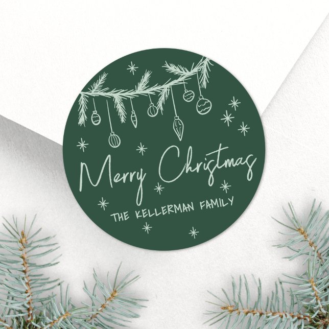 Adesivo Hand Drawn Green Merry Christmas (Hand Drawn Green Merry Christmas Classic Round Sticker)