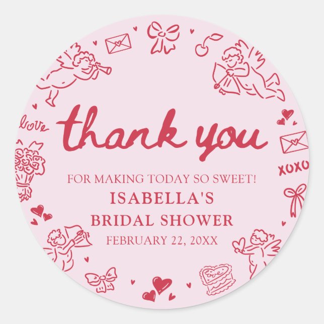 Adesivo Hand Drawn Pink Red Hearts Valentine Bridal Shower (Frente)