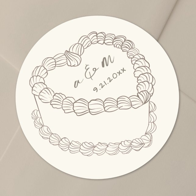 Adesivo Hand Drawn Vintage Cake Wedding (Hand Drawn Vintage Cake Wedding Classic Round Sticker)