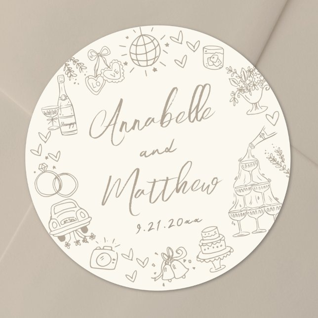 Adesivo Hand Drawn Whimsical Wedding (Hand Drawn Whimsical Wedding Classic Round Sticker)