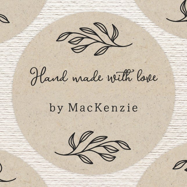 Adesivo Hand Made With Love Brown Paper Botanical Leaf  (Personalized hand made with love botanical leaf line art stickers for small business makers)