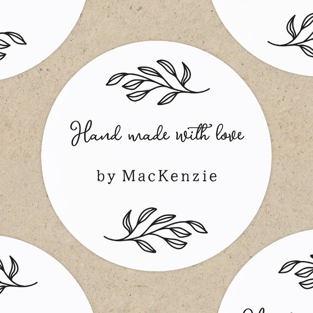 Adesivo Hand Made With Love Personalized Botanical Leaf  (Personalized hand made with love botanical leaf line art stickers for small business makers)