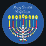 Adesivo Hanukkah Colorful Menorah Hanukiah<br><div class="desc">Feliz Chanukah, Hanukiah Stickers Round. Divirta-se usando esses adesivos como topos de bolo, etiquetas de presentes, selos de envelopes, fechos de malas de favor ou qualquer que seja a sua festa! Personalize excluindo texto e adicionando suas próprias palavras, usando o estilo, o tamanho e a cor de sua fonte favorita....</div>