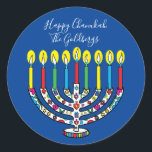 Adesivo Hanukkah Colorful Menorah Hanukiah<br><div class="desc">Feliz Chanukah, Hanukiah Stickers Round. Divirta-se usando esses adesivos como topos de bolo, etiquetas de presentes, selos de envelopes, fechos de malas de favor ou qualquer que seja a sua festa! Personalize excluindo texto e adicionando suas próprias palavras, usando o estilo, o tamanho e a cor de sua fonte favorita....</div>