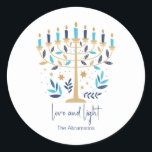 Adesivo Hanukkah Love & Light Floral Menorah<br><div class="desc">Chanucá,  amor e adesivos Florais Claros de Menorah. Personalize o texto personalizado acima. Você pode encontrar itens de coordenação adicionais na nossa coleção "Floral Hanukkah Menorah e Dreidel".</div>