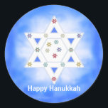 Adesivo Hanukkah Star e Snowflakes Blue<br><div class="desc">Pintadas com o meu design da Estrela de David e pequenos flocos de neve coloridos num fundo azul e branco. O texto diz "Feliz Chanucá".</div>