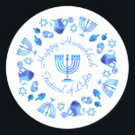 Adesivo Hanukkiah Happy Hanukkah Holiday Menorah<br><div class="desc">Símbolo Hanukkiah. Feliz Festa de Hanukkah Feriado Judeu Menorah Azul. Decoração de Feriado Judeu Chanukkah com o símbolo decorativo tradicional de Chanuka - Marinho Blue color hanukkiah menorah, candelabro com velas, estrela de David e ilustração azul neon brilhante. Festa de Chanucá das Luzes Decoração do Evento. Jerusalém, Israel. Artesanatos e...</div>