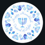 Adesivo Hanukkiah Happy Hanukkah Holiday Menorah<br><div class="desc">Símbolo Hanukkiah. Feliz Festa de Hanukkah Feriado Judeu Menorah Azul. Decoração de Feriado Judeu Chanukkah com o símbolo decorativo tradicional de Chanuka - Marinho Blue color hanukkiah menorah, candelabro com velas, estrela de David e ilustração azul neon brilhante. Festa de Chanucá das Luzes Decoração do Evento. Jerusalém, Israel. Artesanatos e...</div>