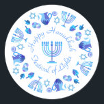 Adesivo Hanukkiah Happy Hanukkah Holiday Menorah<br><div class="desc">Símbolo Hanukkiah. Feliz Festa de Hanukkah Feriado Judeu Menorah Azul. Decoração de Feriado Judeu Chanukkah com o símbolo decorativo tradicional de Chanuka - Marinho Blue color hanukkiah menorah, candelabro com velas, estrela de David e ilustração azul neon brilhante. Festa de Chanucá das Luzes Decoração do Evento. Jerusalém, Israel. Artesanatos e...</div>