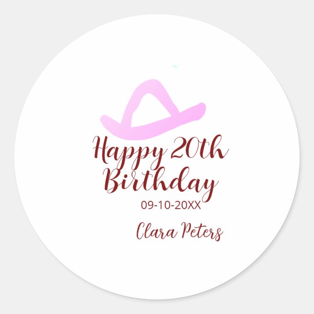 Adesivo Happy 20th birthday pink cowboy girl name date sim (Frente)