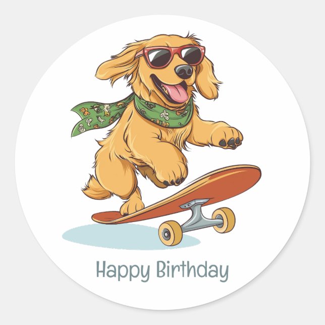 Adesivo Happy Birthday Golden Retriever Dog Skateboarding (Frente)