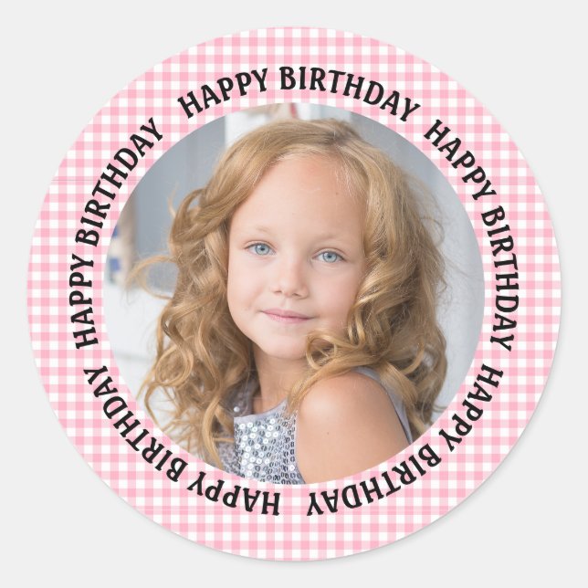 Adesivo Happy Birthday Photo Gingham Pink Girls  (Frente)