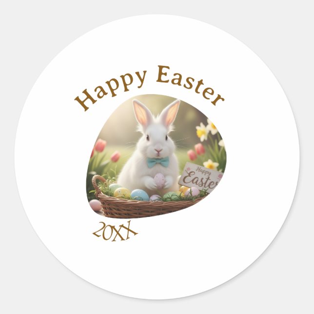 Adesivo Happy Easter white bunny year photo family name  (Frente)