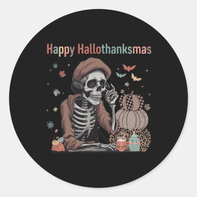 Adesivo Happy Hallothanksmas Skeleton Dia de as Bruxas eng (Frente)