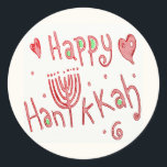 Adesivo Happy Hannukah<br><div class="desc">Esta design feliz Hannukah, fantasiosa, apresenta uma menorah no lugar do U na palavra, Hannukah. Esta ortografia tornou-se a ortografia mais aceitável em inglês, então mesmo que você escreva isso Hanuka ou Chanukah, você não pode errar com esta. A cor vermelha a torna alegre e o fundo da cama a...</div>
