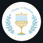 Adesivo Happy Hanukkah Sticker<br><div class="desc">Um bonito design Hanukkah com uma bonito menorah e vinhas em azul pastel e ouro.</div>